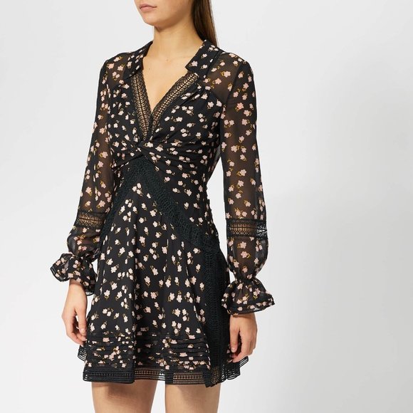 Self-Portrait Dresses & Skirts - Self Portrait Twist Front Ditsy Mini Dress Floral Black Long Sleeve Size 8 BNWT